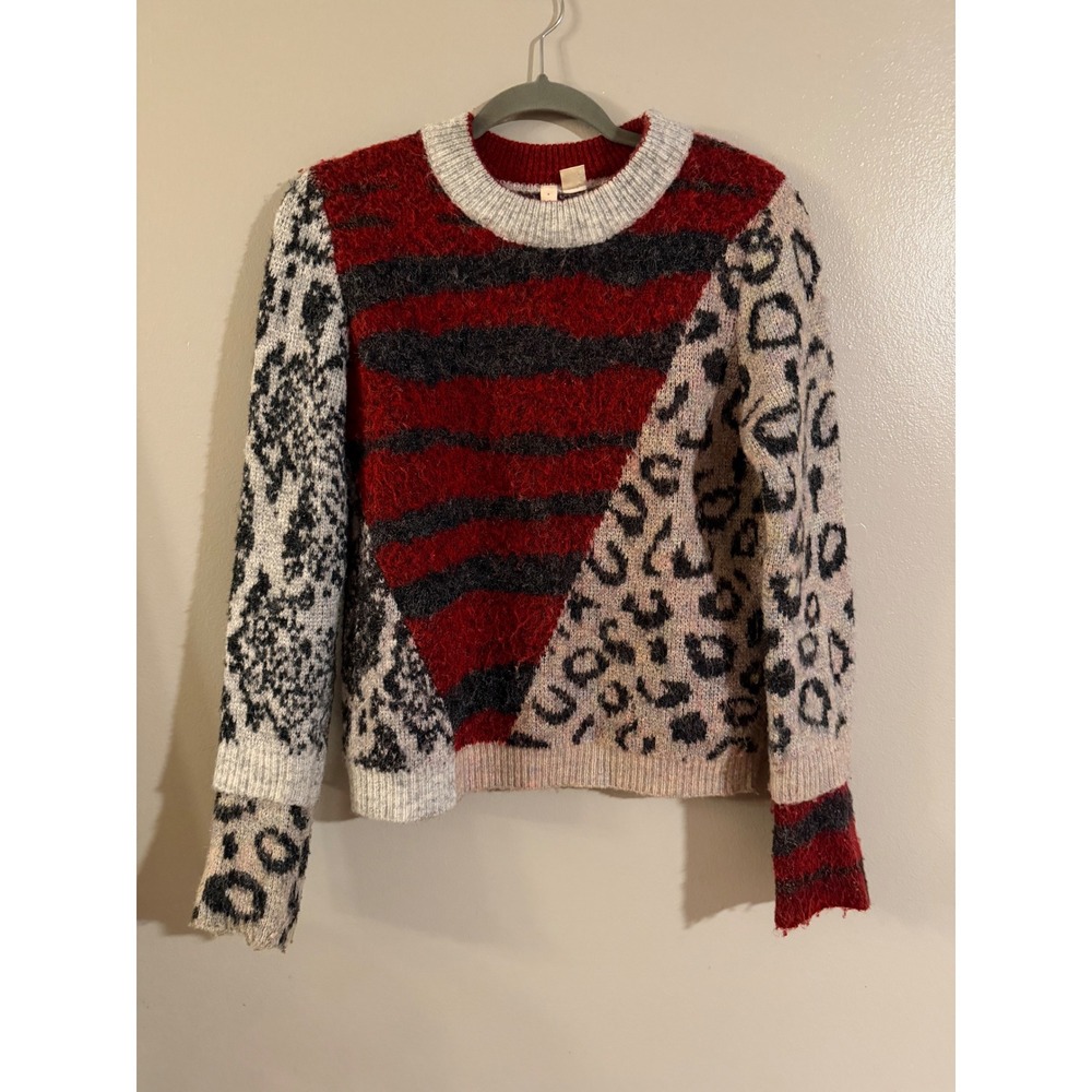 Moth Anthropologie Mixed Animal Print Striped Knit Sweater Red XS 71S385ANT